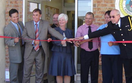Left to right, Christian Garrow, APD Regional Manager for Ontario; Rob Longstreet, Provincial Negotiator; Gilles Rochon, APD DG; Gwen Strachan, Provincial Commander, Corporate Services OPP; Chief Robert Corbiere; Anna McGregor, Chairperson for the Wikwemikong Police Commission; and Gary Reid, Chief of Police. Photo: Alanna Trudeau