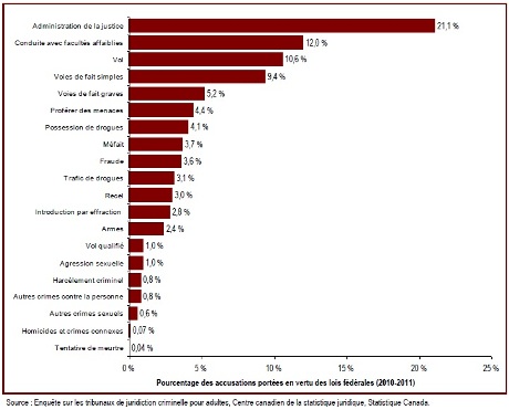 Les causes relatives à l'administration de la justice représentent 21 % de toutes les affaires* présentées devant les tribunaux pour adultes