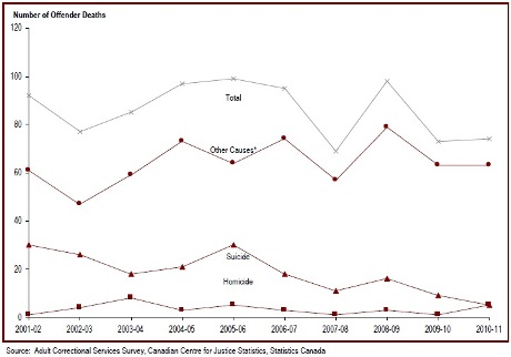 The number of offender deaths while in custody has fluctuated