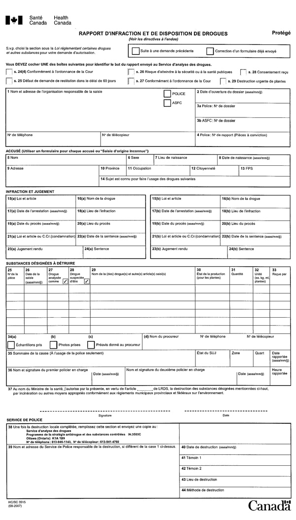 Rapport d'infraction et de disposition de drogues